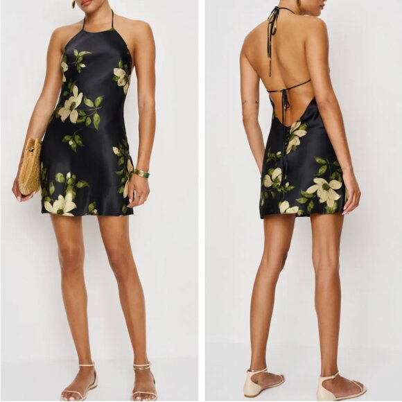 Reformation Jennis Silk Mini Dress - Mood For Love Black Yellow Floral Halter - Picture 1 of 11